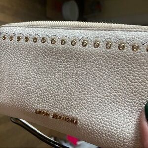 Michael Kors Cream Pebbled Leather Wristlet with Gold Studs